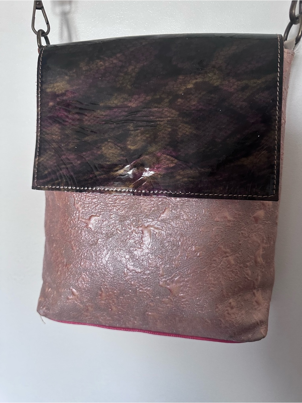 Two-Tone Pink and Dark Metallic Crossbody leather Bag